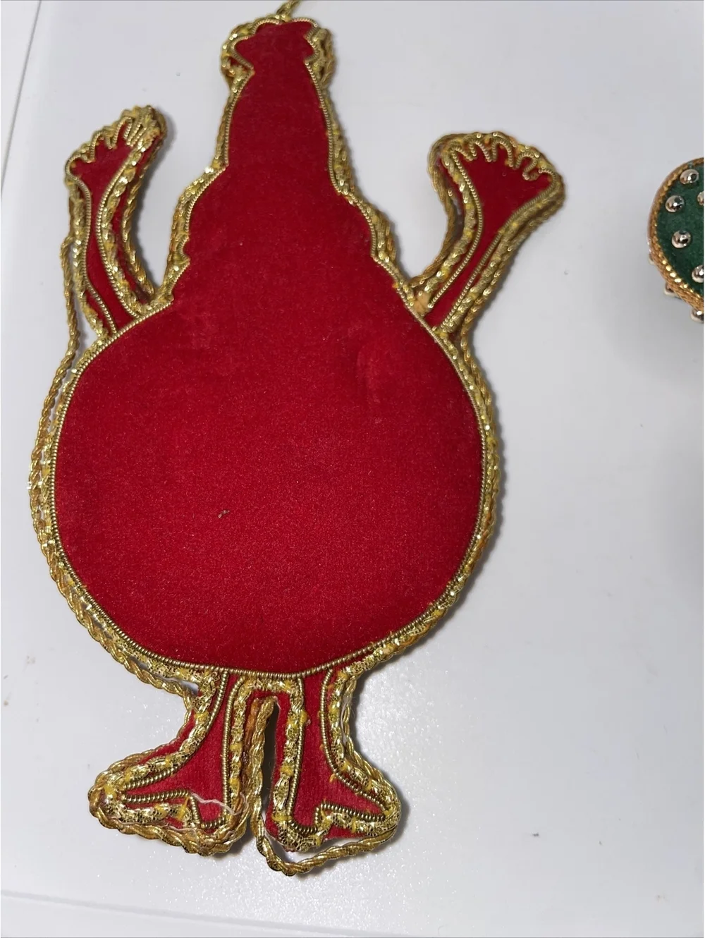 2 vintage Christmas ornaments velvet red green gold Santa Fleur De Lis